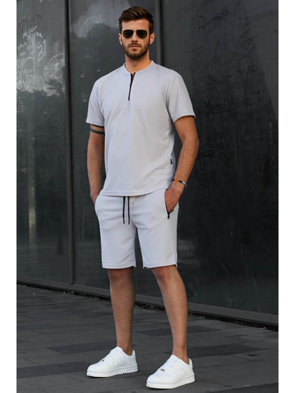 Boyalı Gri Regular Fit Erkek Şort Takımı 6364-1