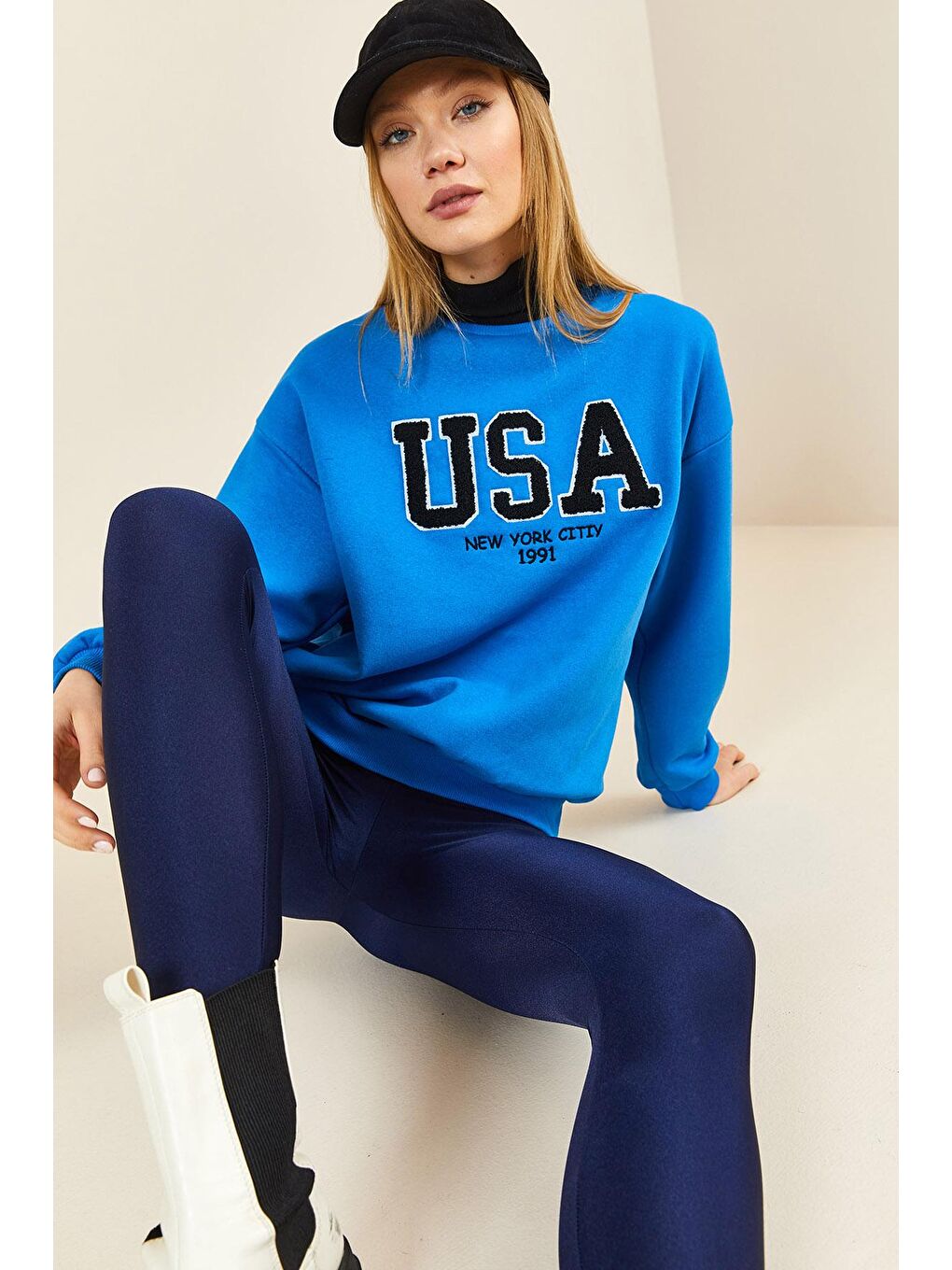 Mavi Puch Baskılı Bisiklet Yaka Sweatshirt 3KXK8-46640-12-3