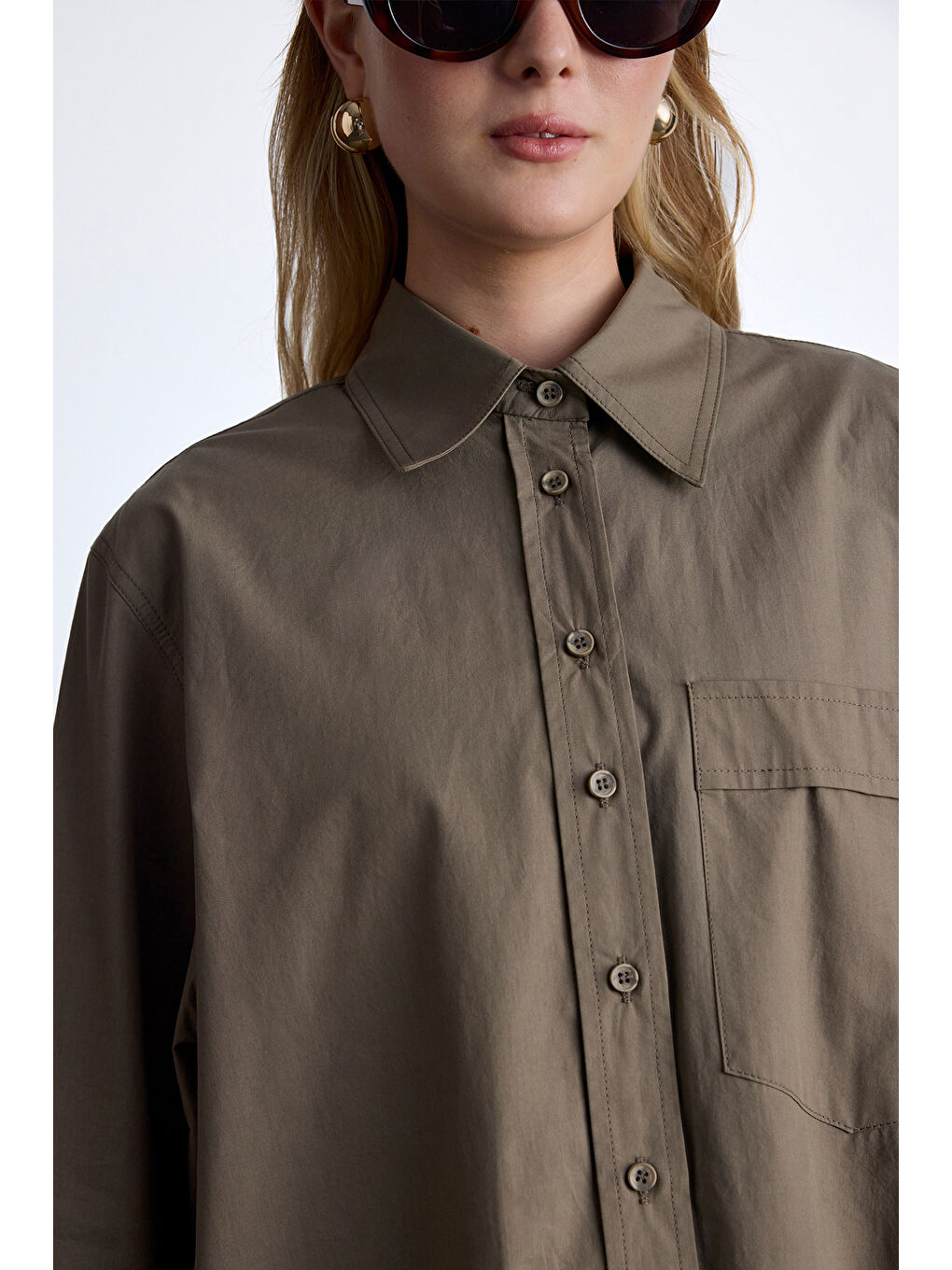 Pile Detaylı Oversıze Gömlek Haki-3