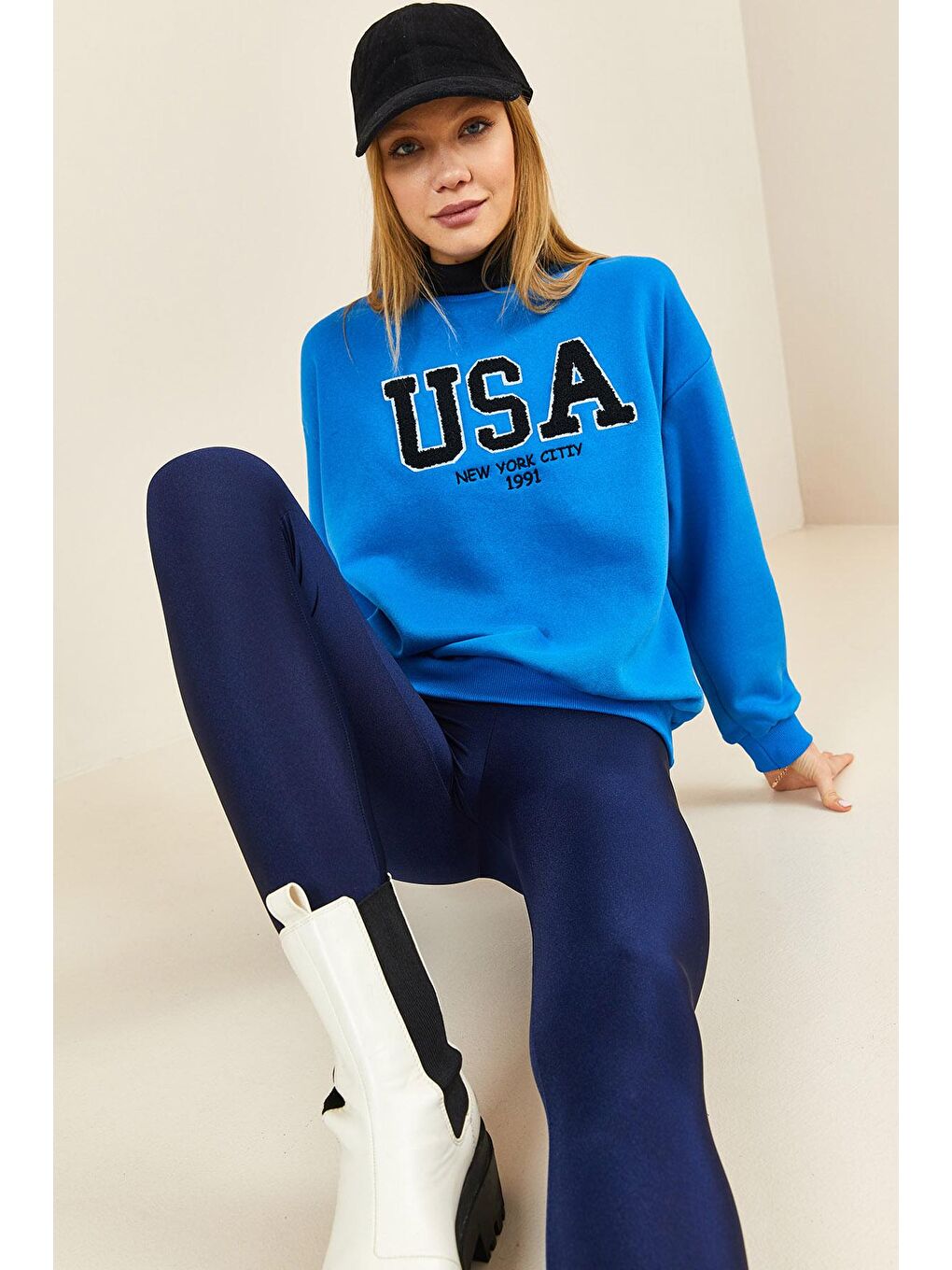 Mavi Puch Baskılı Bisiklet Yaka Sweatshirt 3KXK8-46640-12-4