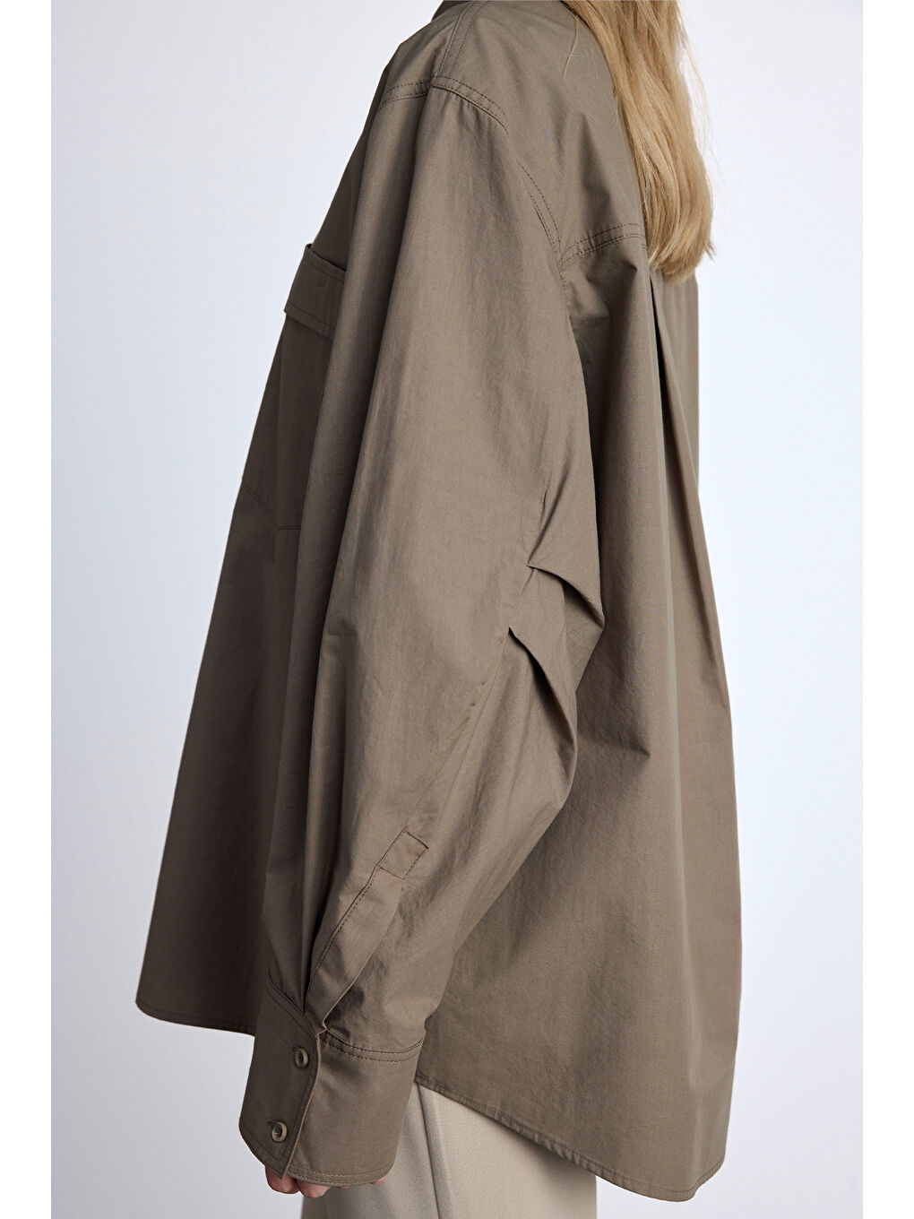 Pile Detaylı Oversıze Gömlek Haki-4