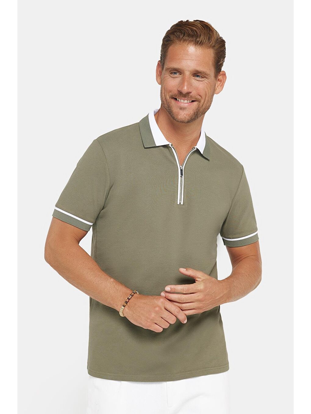 Erkek Slim Fit Dar Kesim %100 Pamuk Düz Pike Fermuarlı Haki Polo Yaka Tişört-1