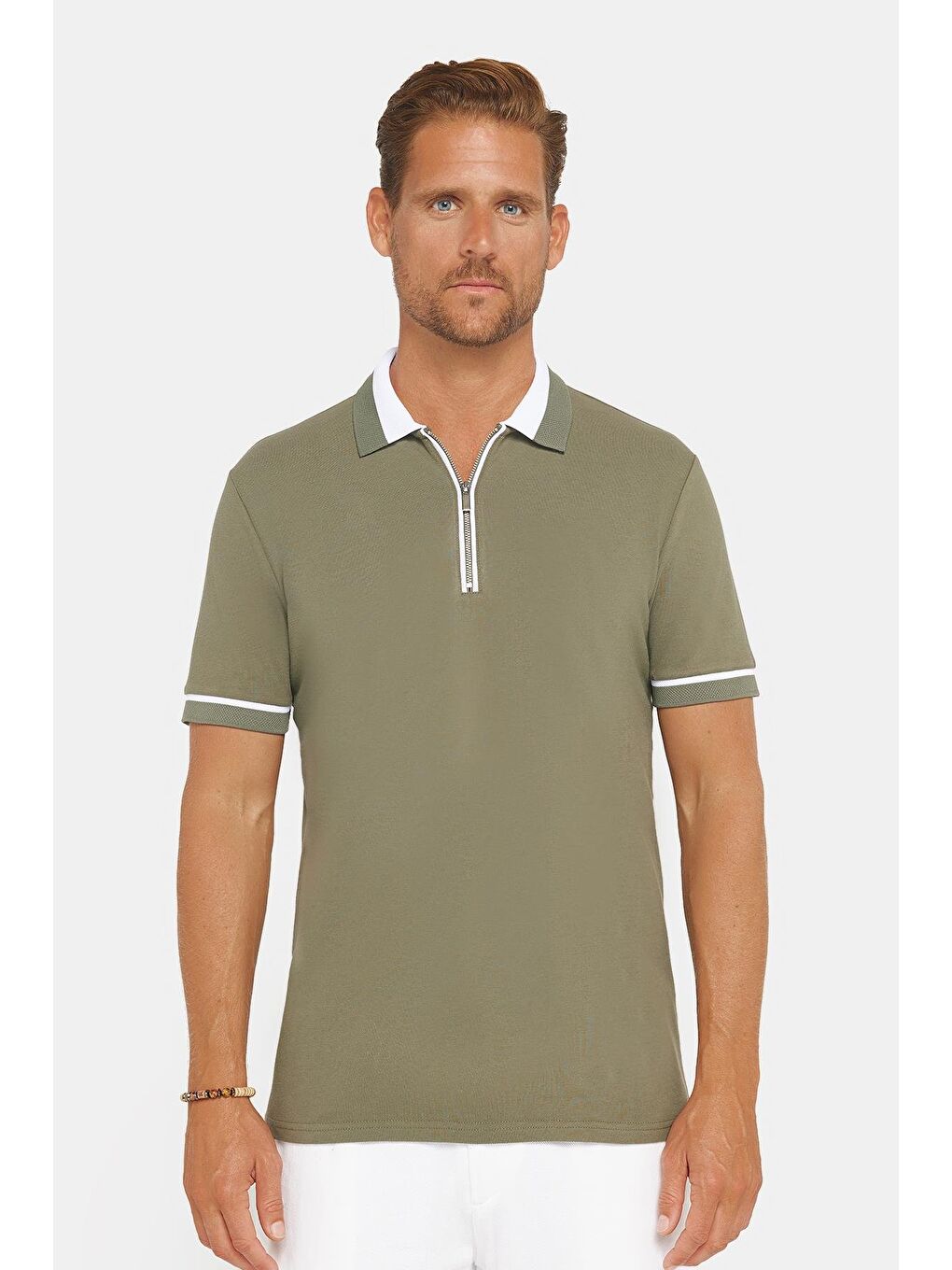 Erkek Slim Fit Dar Kesim %100 Pamuk Düz Pike Fermuarlı Haki Polo Yaka Tişört-2