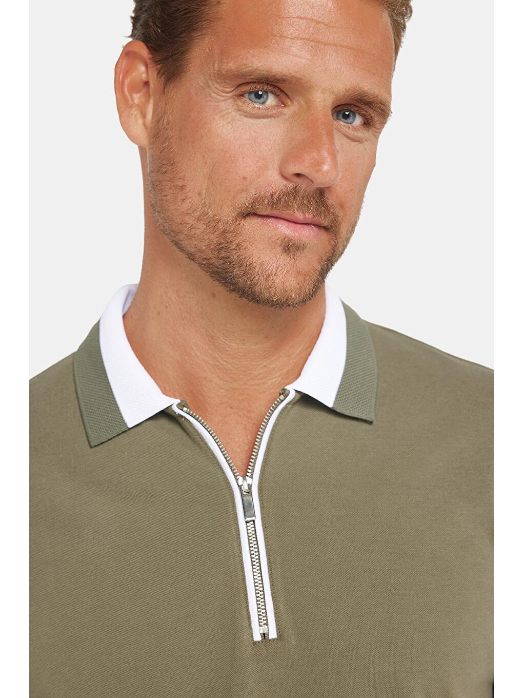 Erkek Slim Fit Dar Kesim %100 Pamuk Düz Pike Fermuarlı Haki Polo Yaka Tişört-3