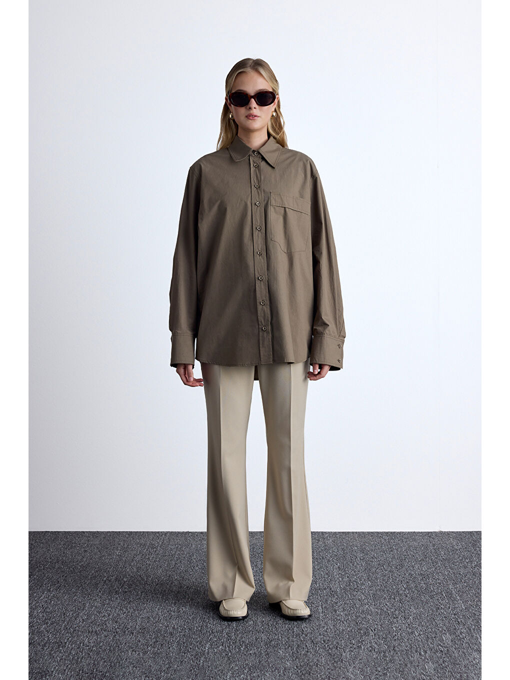 Pile Detaylı Oversıze Gömlek Haki-5