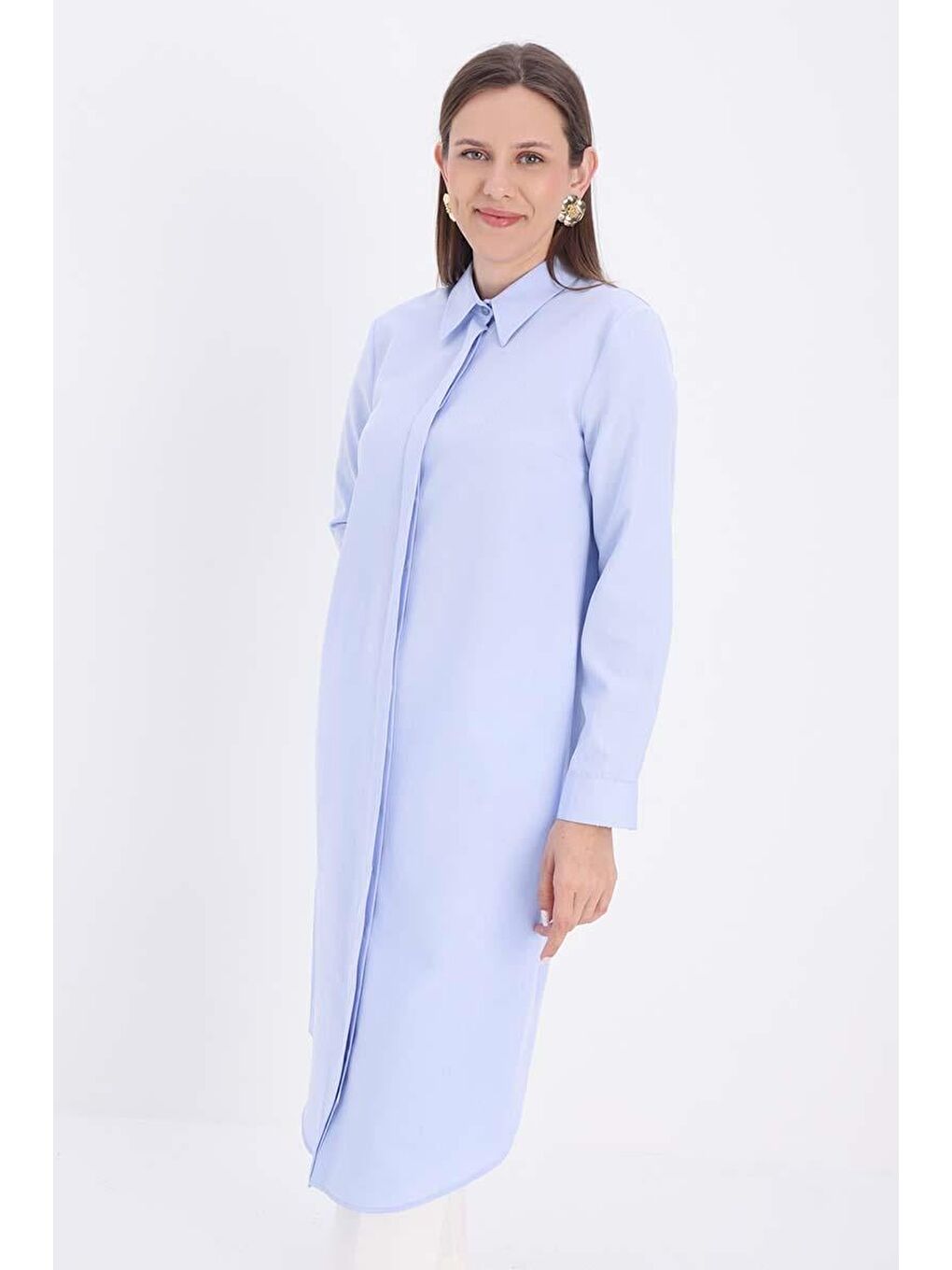 Mavi Basic Gizli Patlı Uzun Gömlek