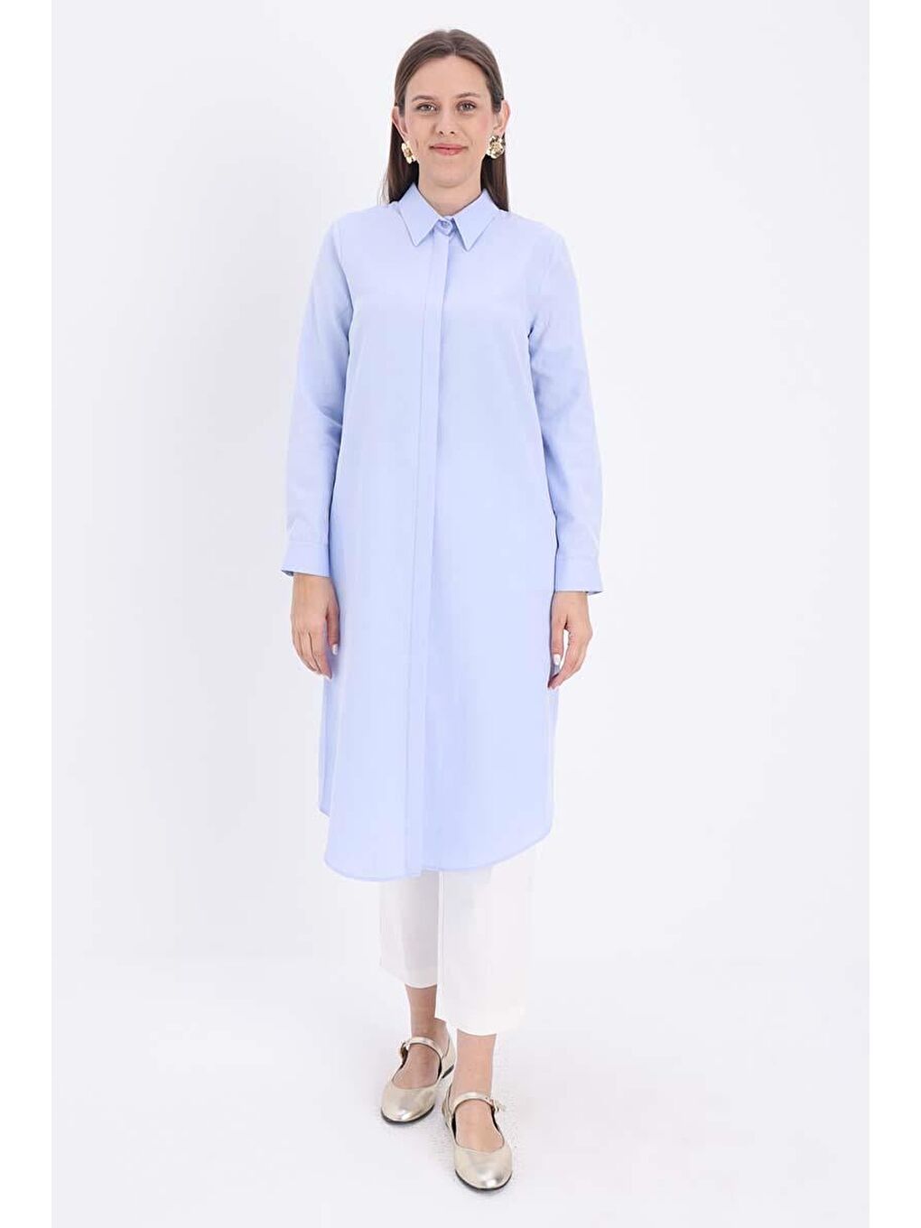 Mavi Basic Gizli Patlı Uzun Gömlek-1