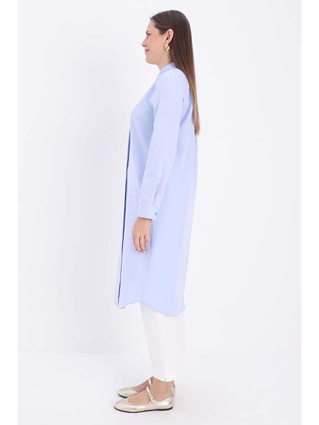 Mavi Basic Gizli Patlı Uzun Gömlek-2