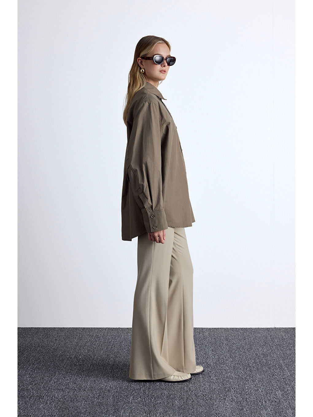 Pile Detaylı Oversıze Gömlek Haki-6