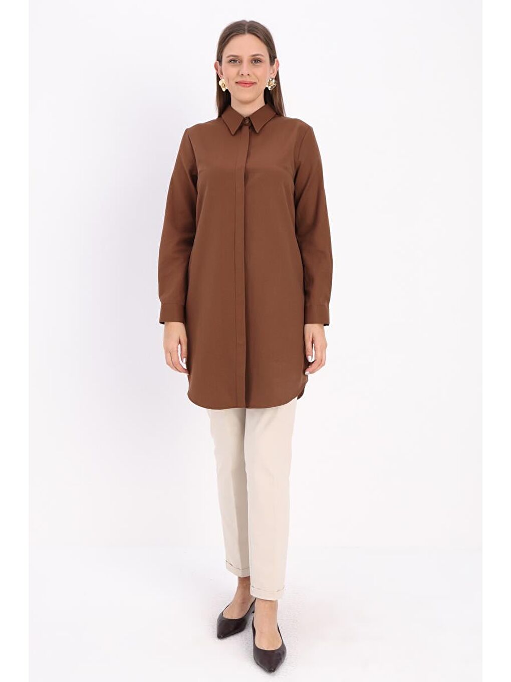 Kahverengi Kahve Basic Gizli Patlı Gömlek Tunik-1