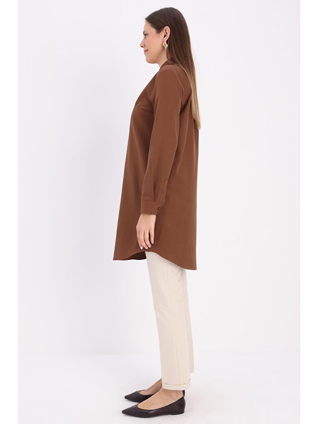 Kahverengi Kahve Basic Gizli Patlı Gömlek Tunik-2