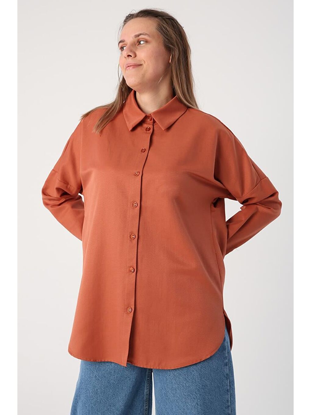 Kahverengi Soft Kiremit Oversize Basic Gömlek-1