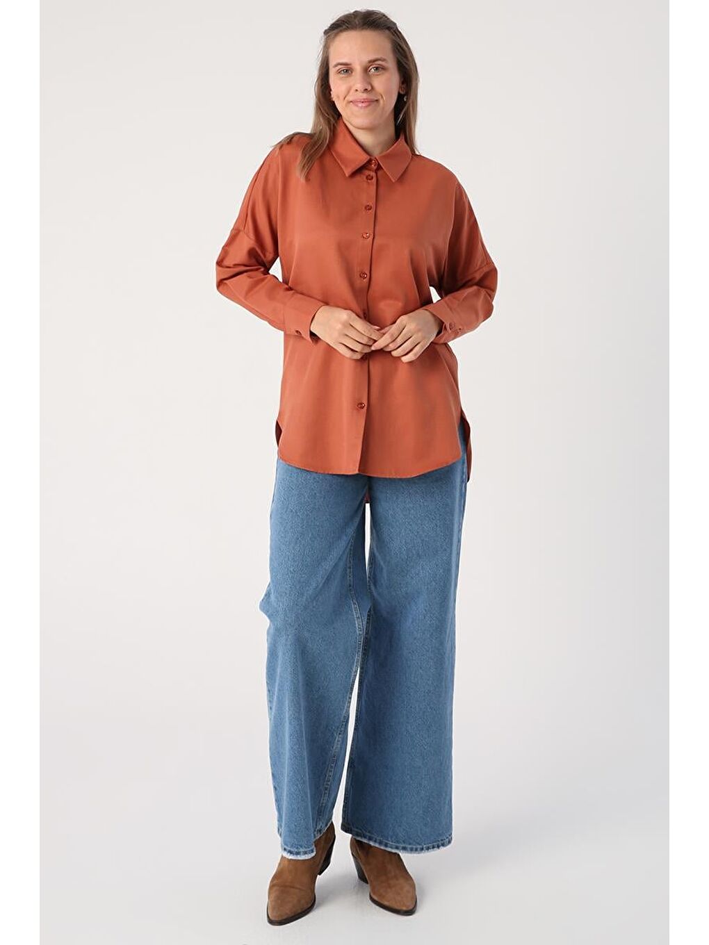 Kahverengi Soft Kiremit Oversize Basic Gömlek-3