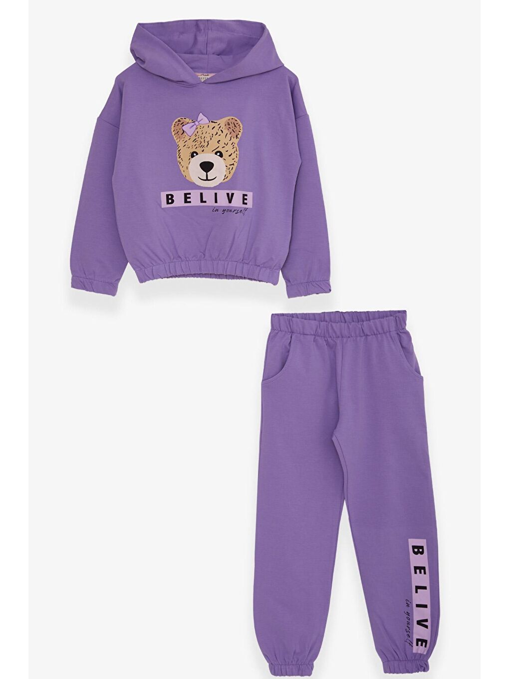 Kız Çocuk Eşofman Takımı Sevimli Ayıcık Baskılı Lila (5-10 Yaş)