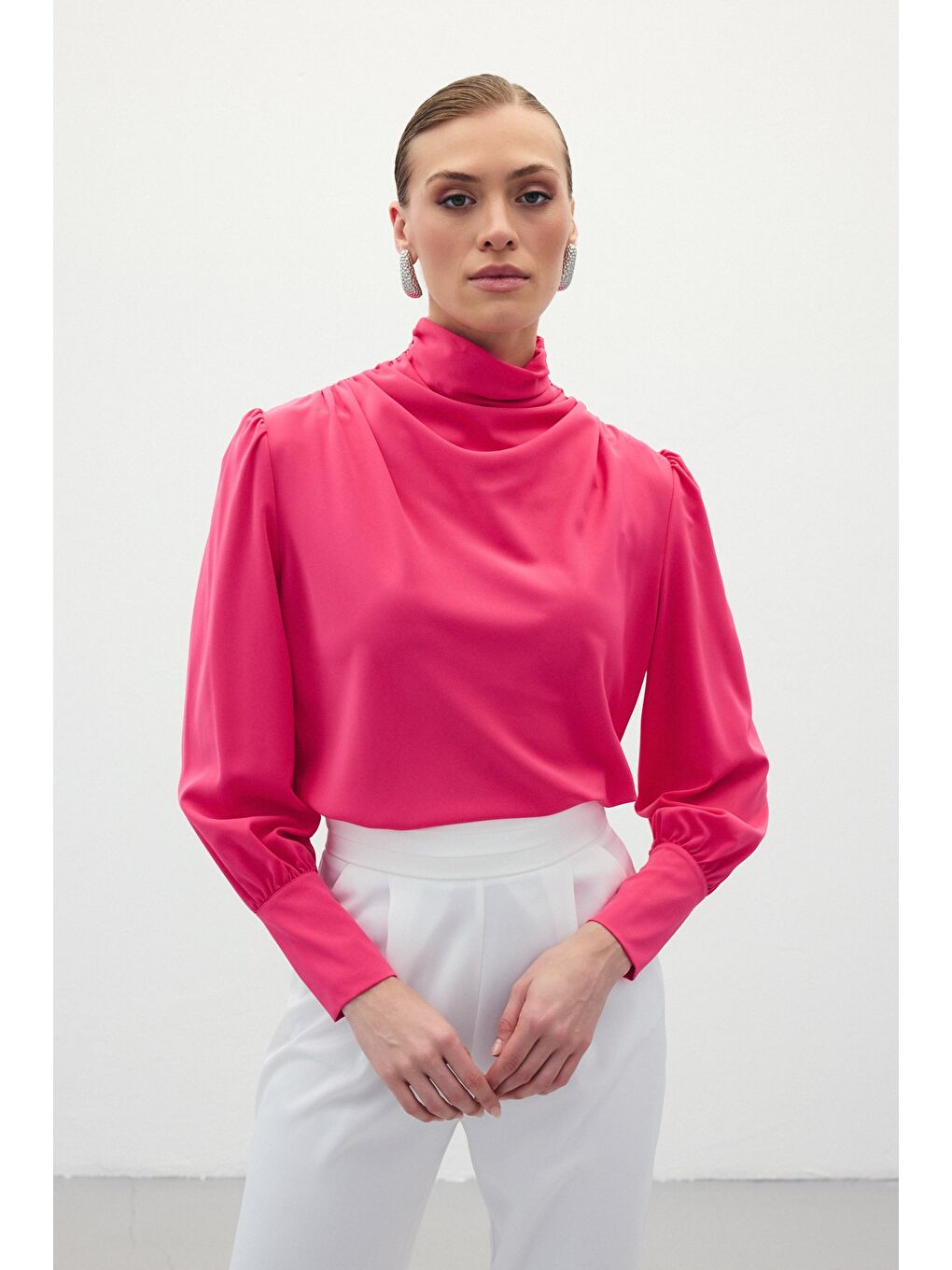 Drape Detaylı Bluz - Fuşya-2