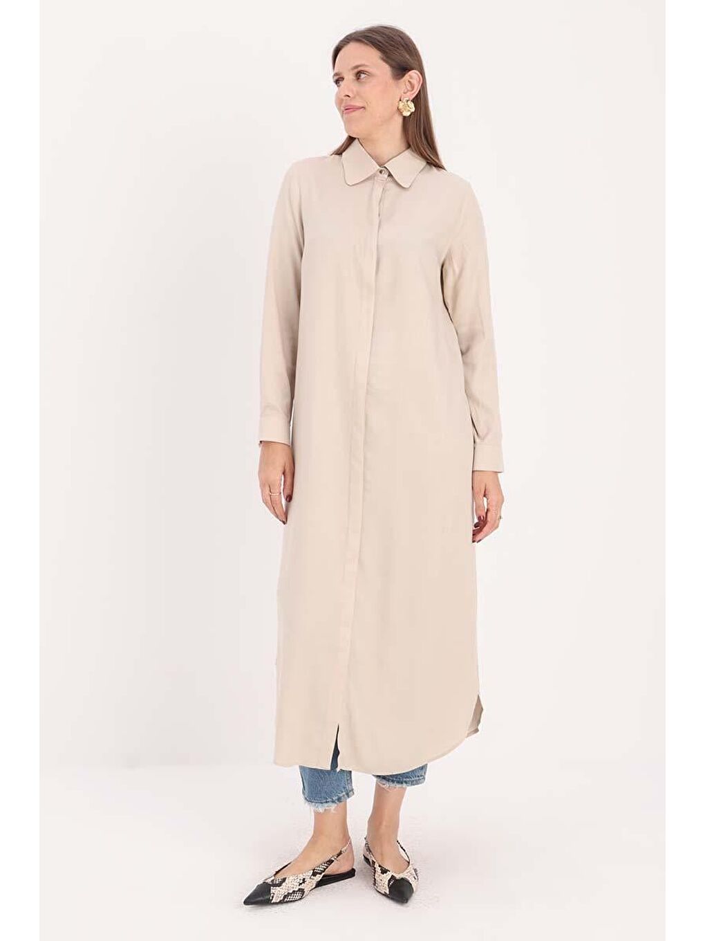 Bej Taş Gizli Patlı Gömlek Tunik