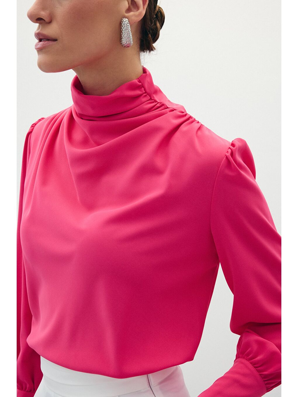 Drape Detaylı Bluz - Fuşya-4