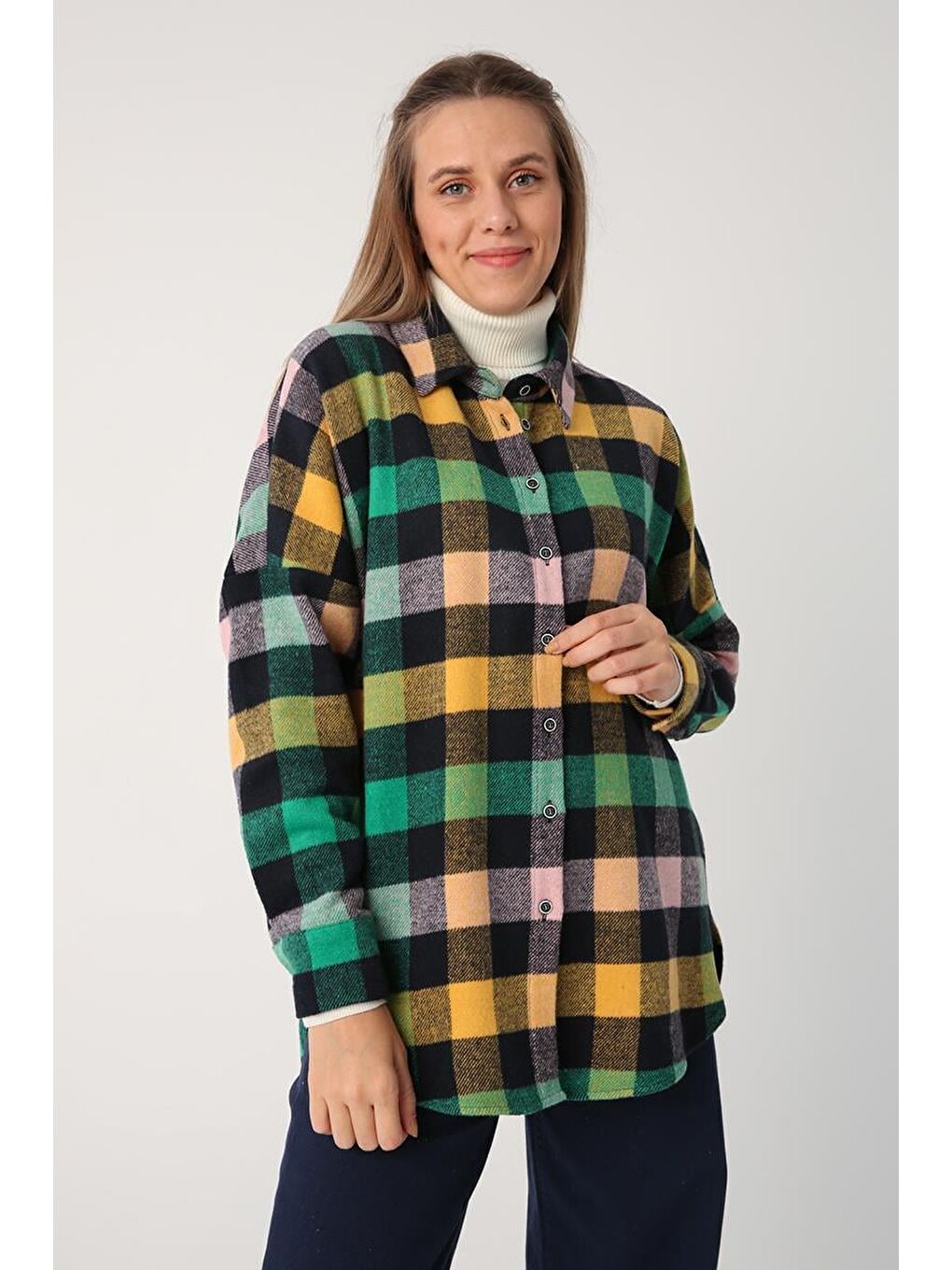 Yeşil-Lacivert Oversize Oduncu Gömlek Tunik