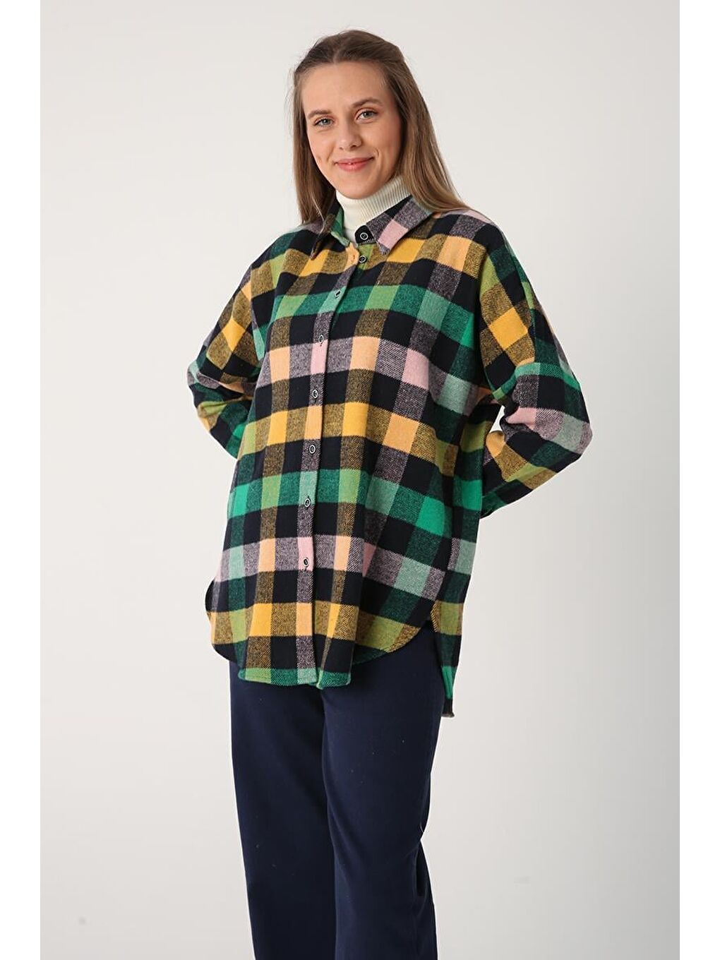 Yeşil-Lacivert Oversize Oduncu Gömlek Tunik-1