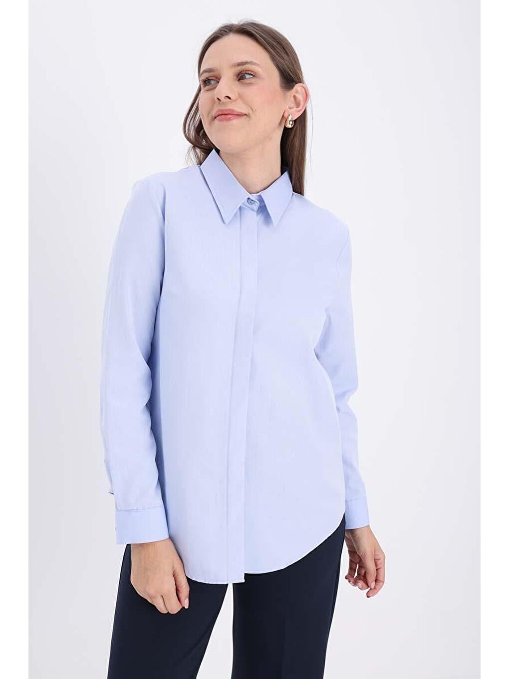 Mavi Pamuklu Gizli Patlı Gömlek