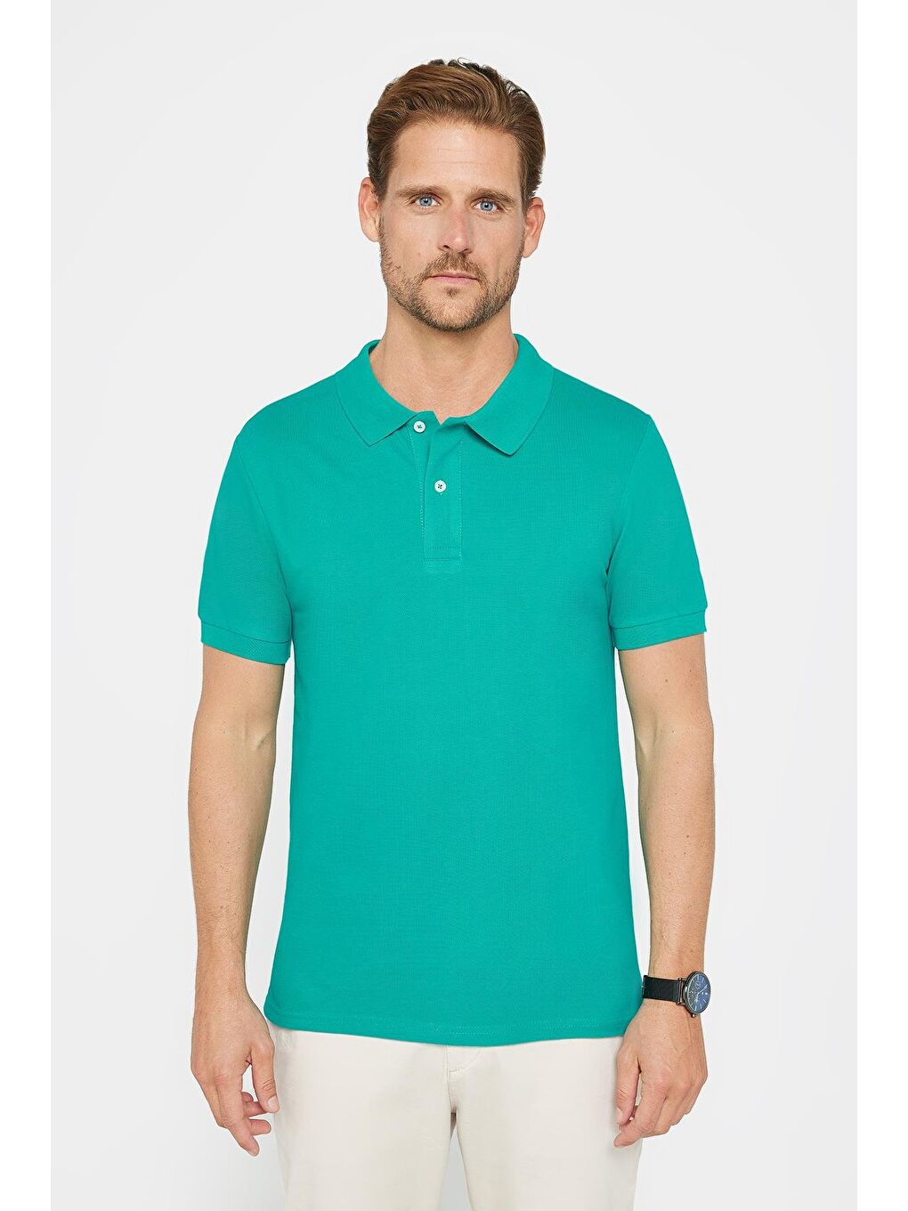 Erkek Slim Fit Dar Kesim %100 Pamuk Düz Pike Yeşil Polo Yaka Tişört-1