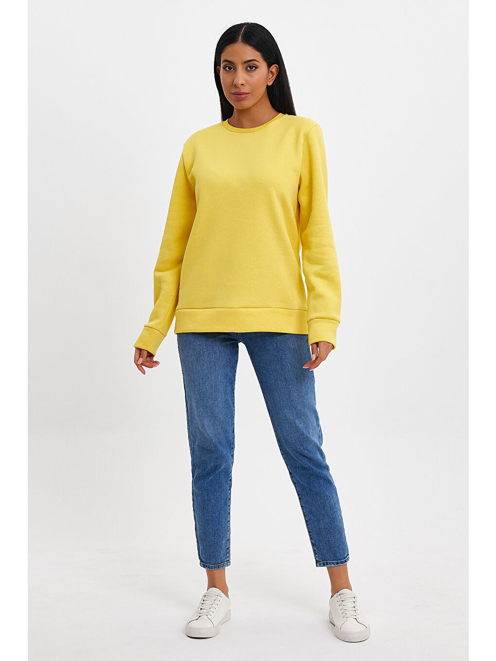 Sarı Kadın Bisiklet Yaka Rahat Kalıp 3 iplik İçi Polarlı Kalın Sweatshirt SPR24SWK36