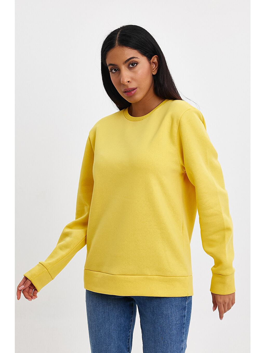 Sarı Kadın Bisiklet Yaka Rahat Kalıp 3 iplik İçi Polarlı Kalın Sweatshirt SPR24SWK36-1