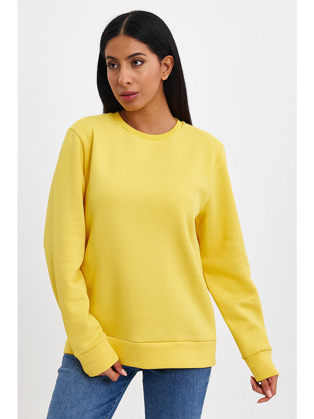 Sarı Kadın Bisiklet Yaka Rahat Kalıp 3 iplik İçi Polarlı Kalın Sweatshirt SPR24SWK36-2