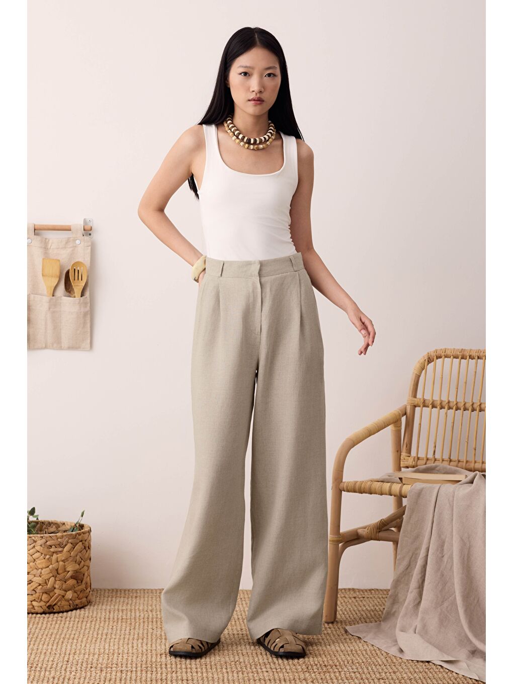 Bej Pileli Basic Keten Pantolon Sedef