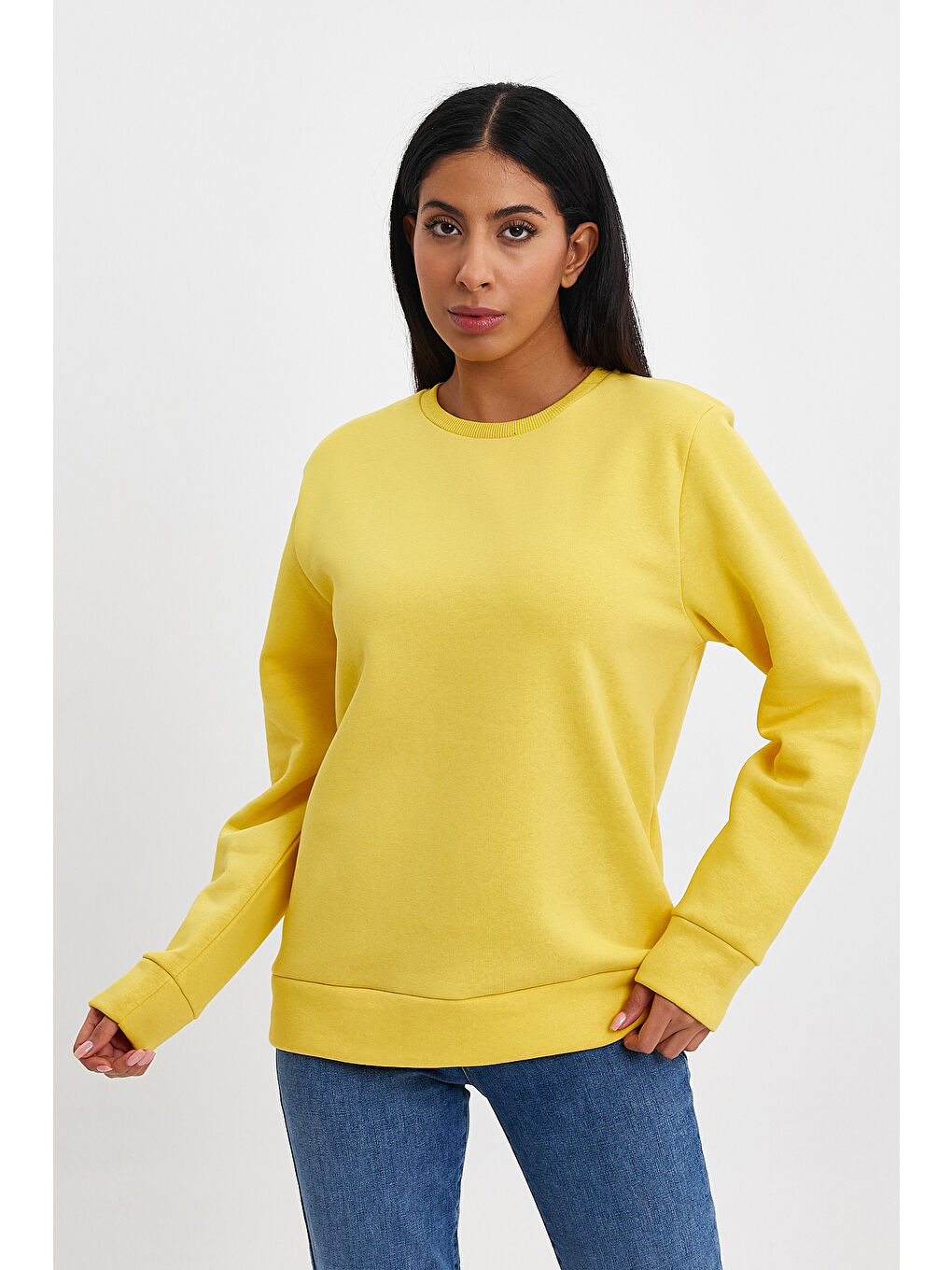 Sarı Kadın Bisiklet Yaka Rahat Kalıp 3 iplik İçi Polarlı Kalın Sweatshirt SPR24SWK36-4