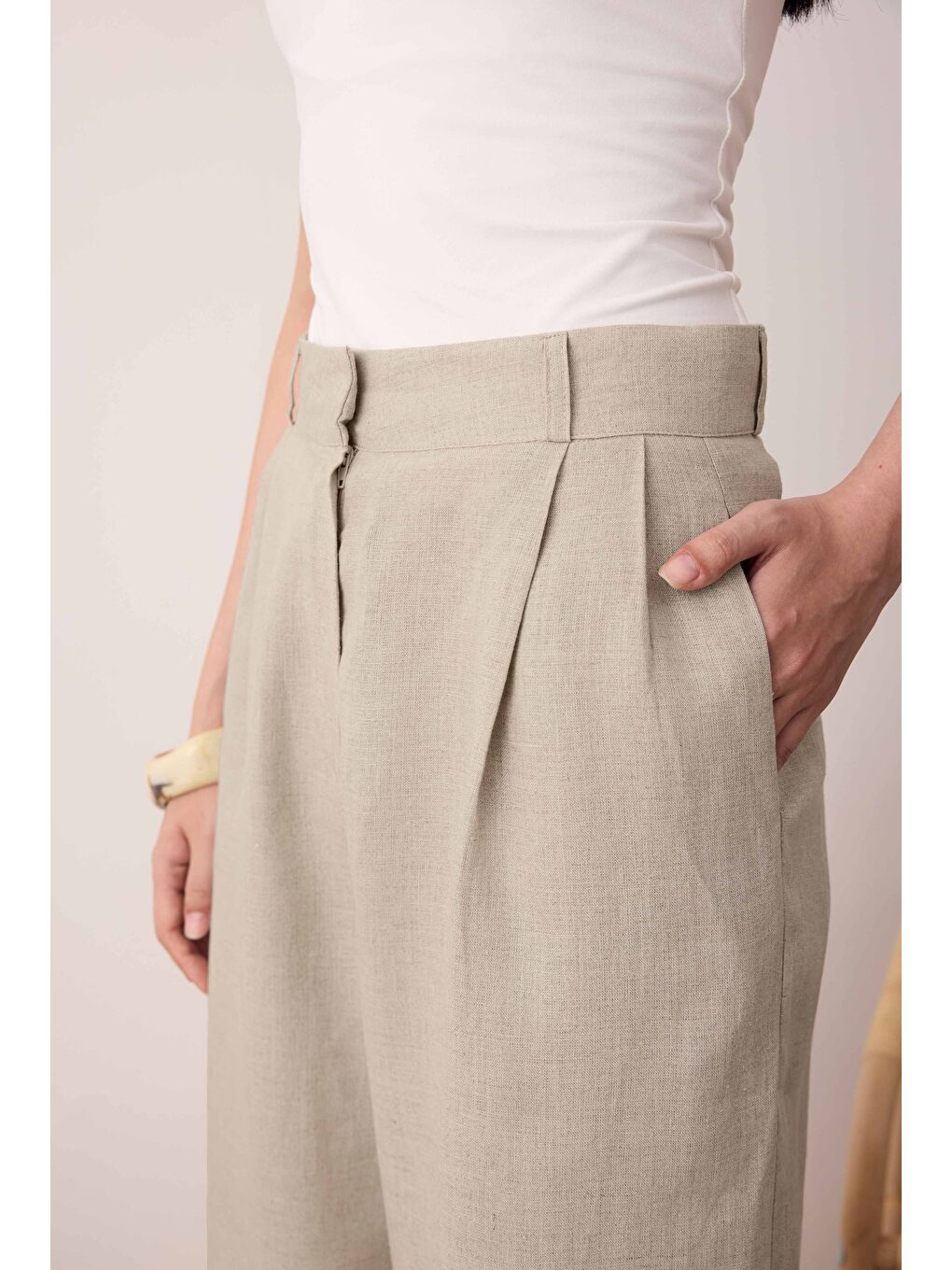 Bej Pileli Basic Keten Pantolon Sedef-1