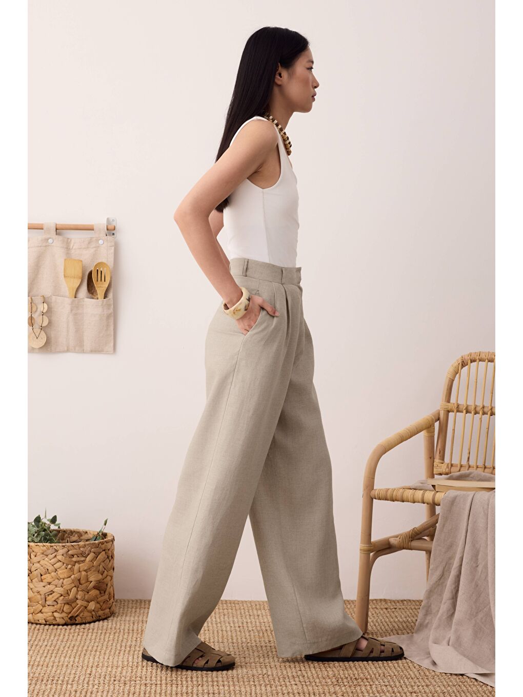 Bej Pileli Basic Keten Pantolon Sedef-2