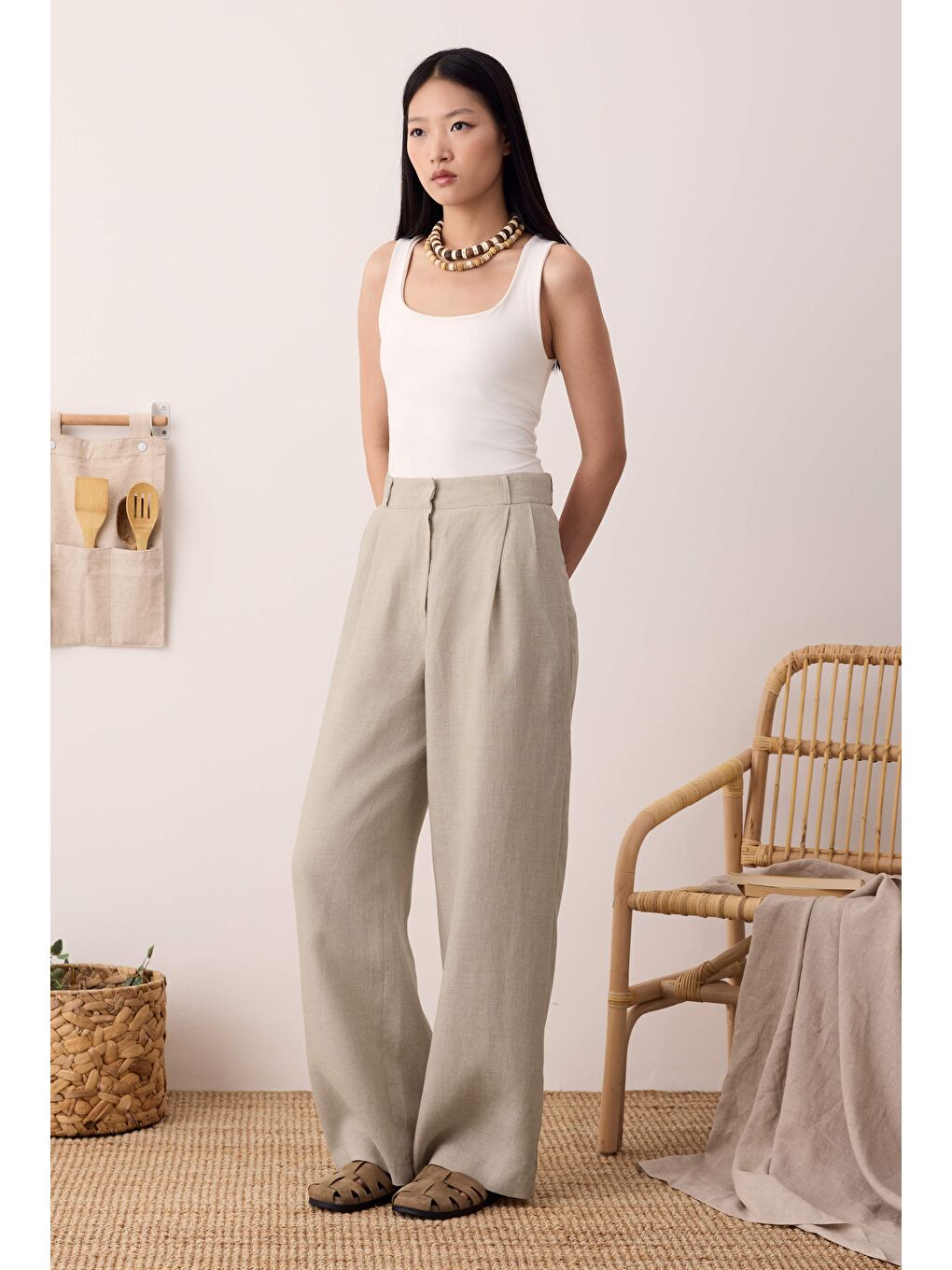 Bej Pileli Basic Keten Pantolon Sedef-3