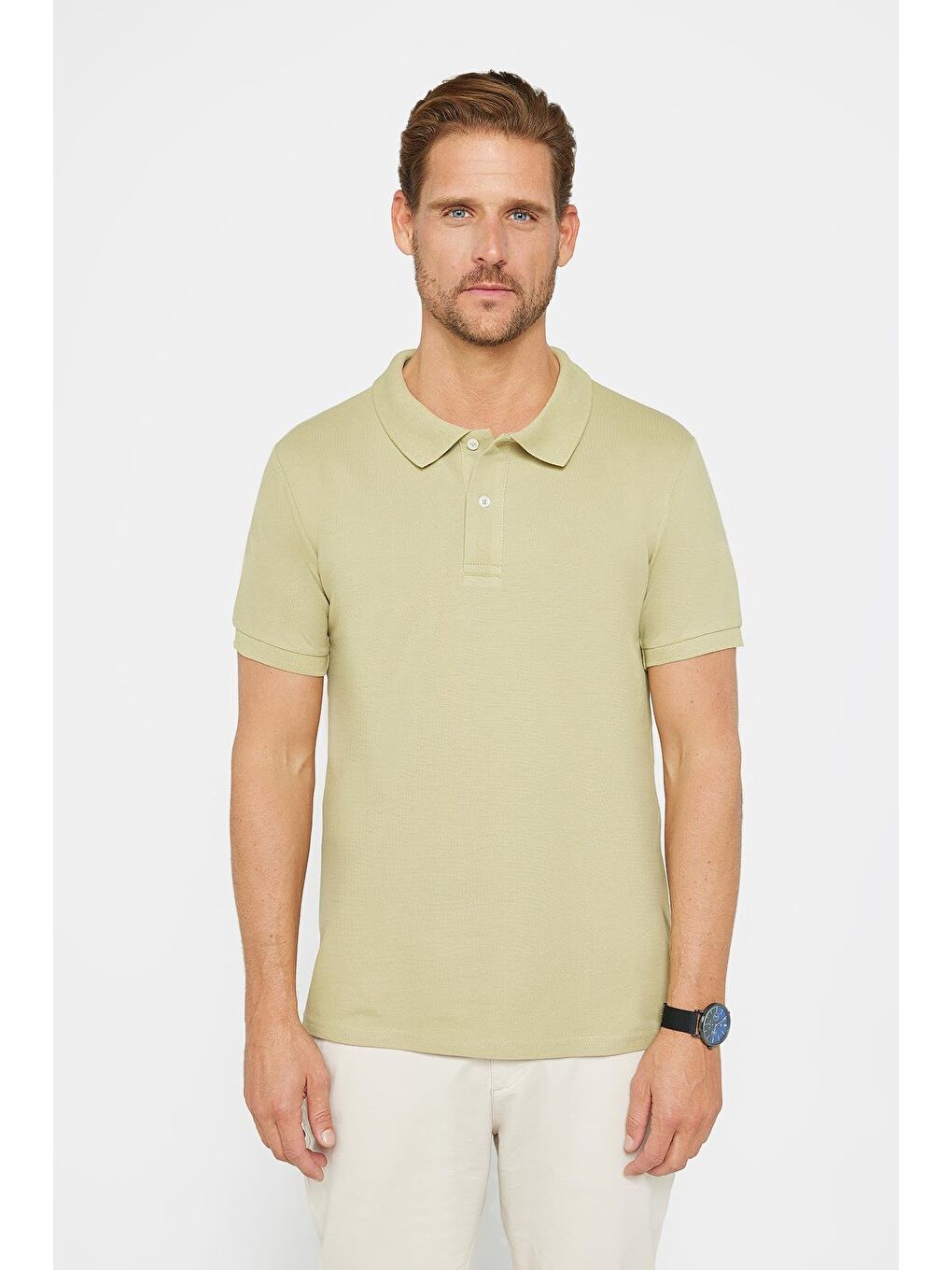 Erkek Slim Fit Dar Kesim %100 Pamuk Düz Pike Yeşil Polo Yaka Tişört-1