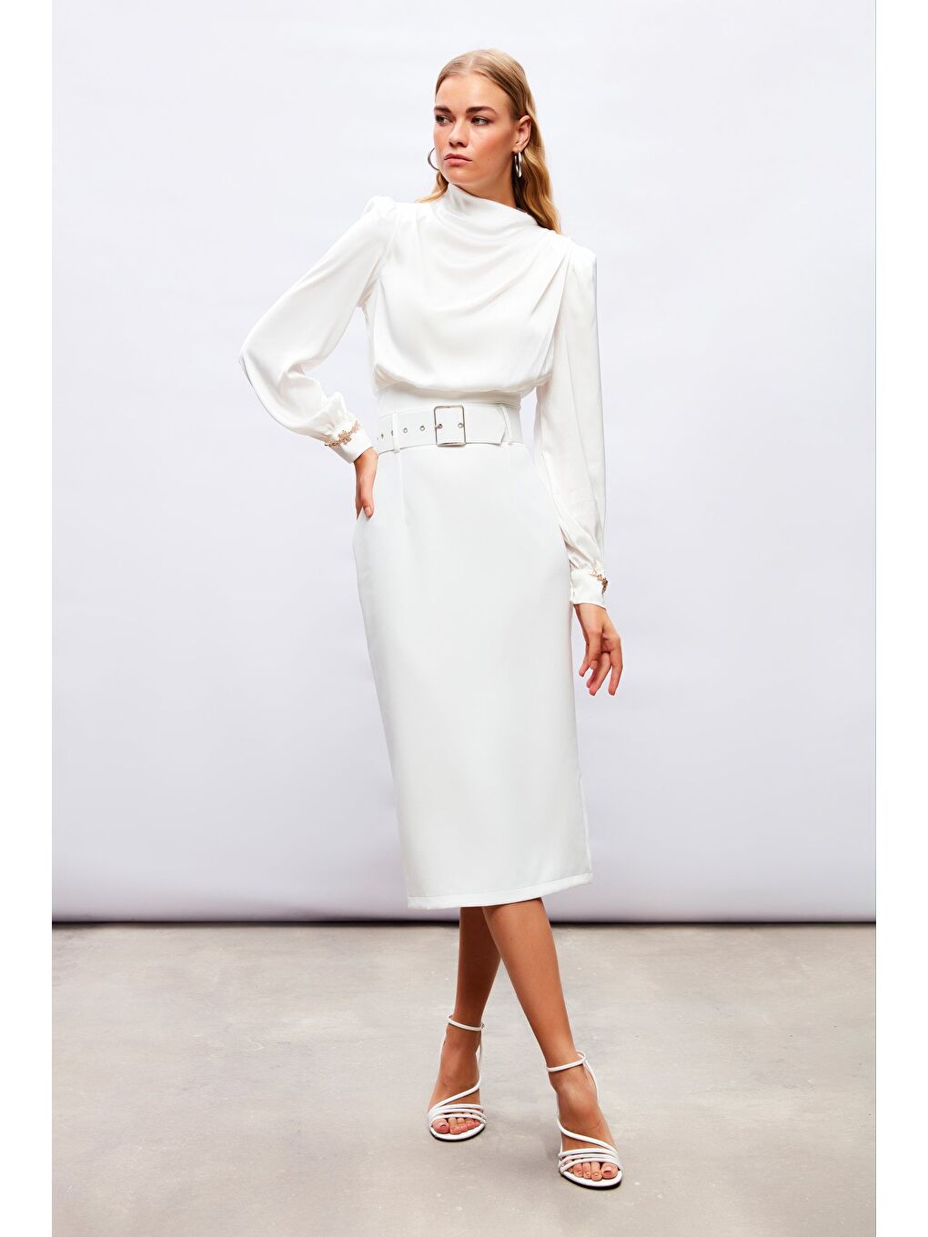 Kemerli Kalem Etek - Ekru-2