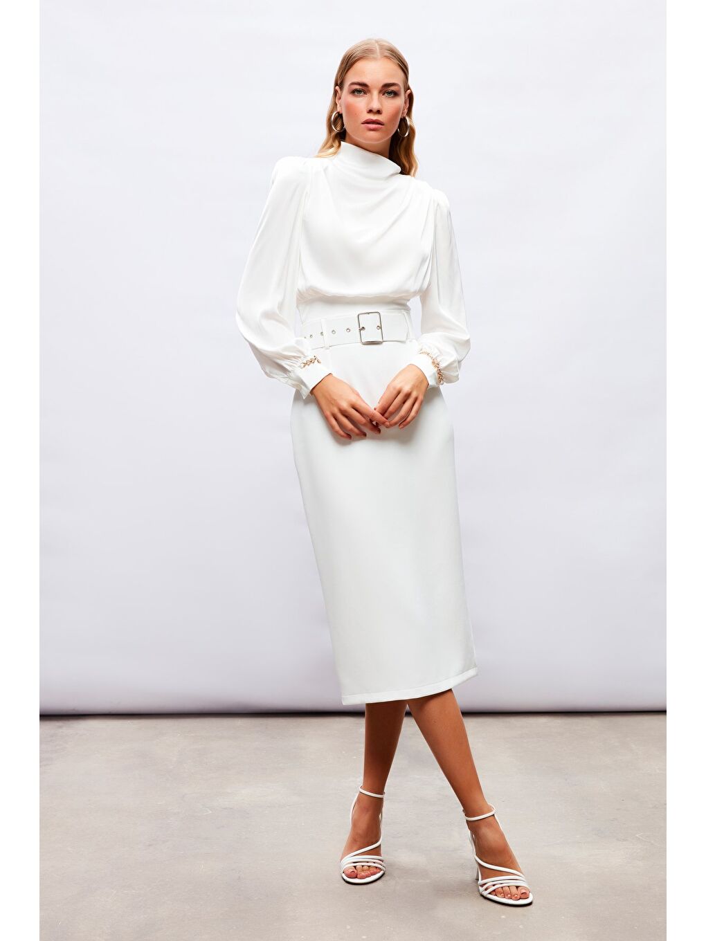 Kemerli Kalem Etek - Ekru-3