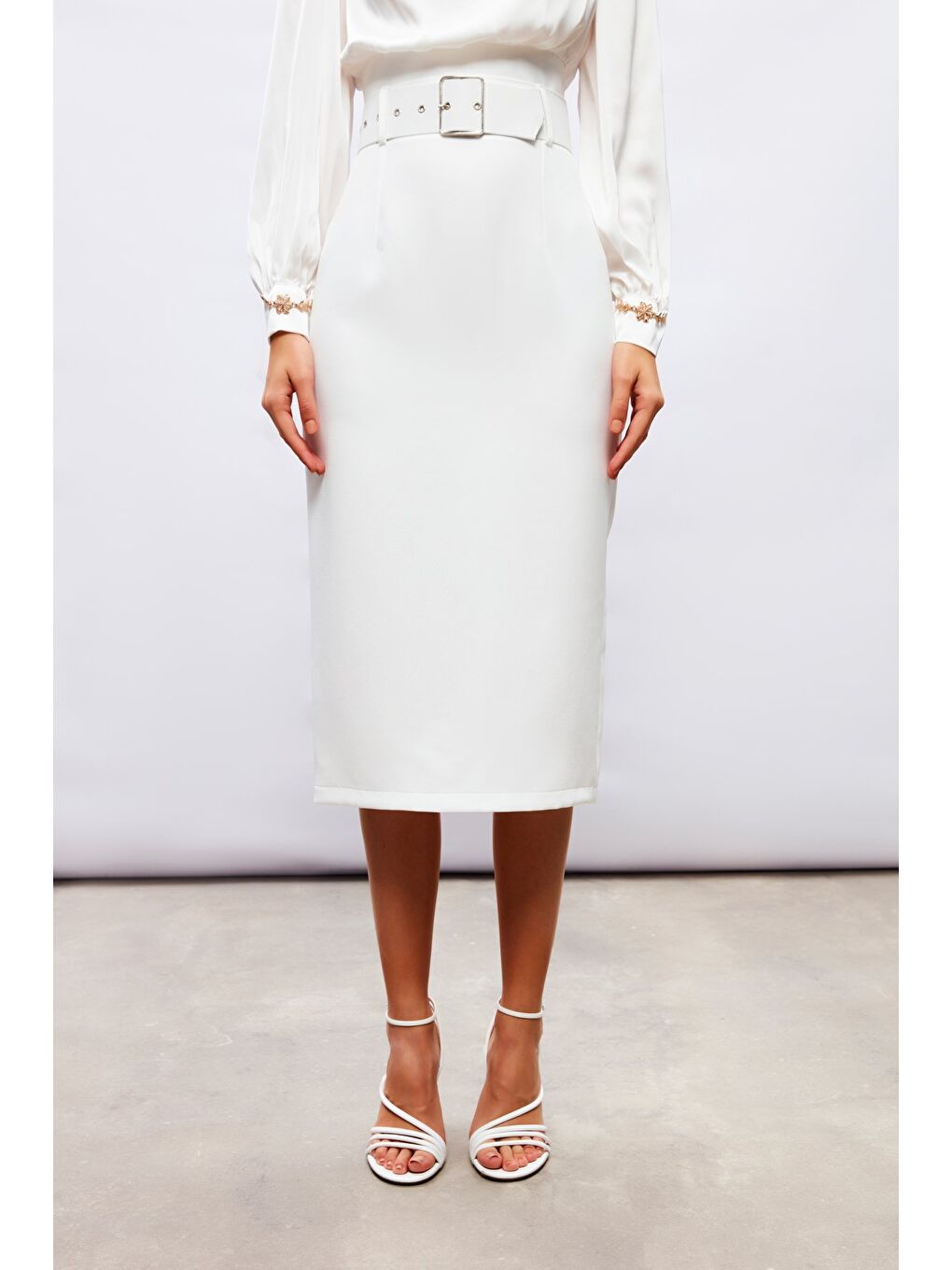 Kemerli Kalem Etek - Ekru-4