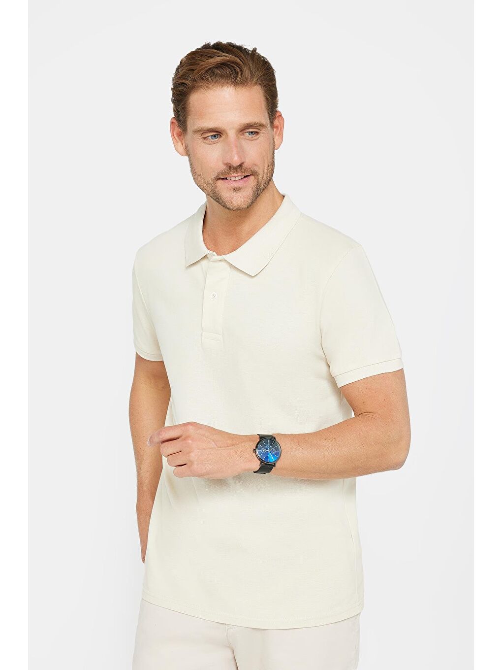 Erkek Slim Fit Dar Kesim %100 Pamuk Düz Pike Ekru Polo Yaka Tişört