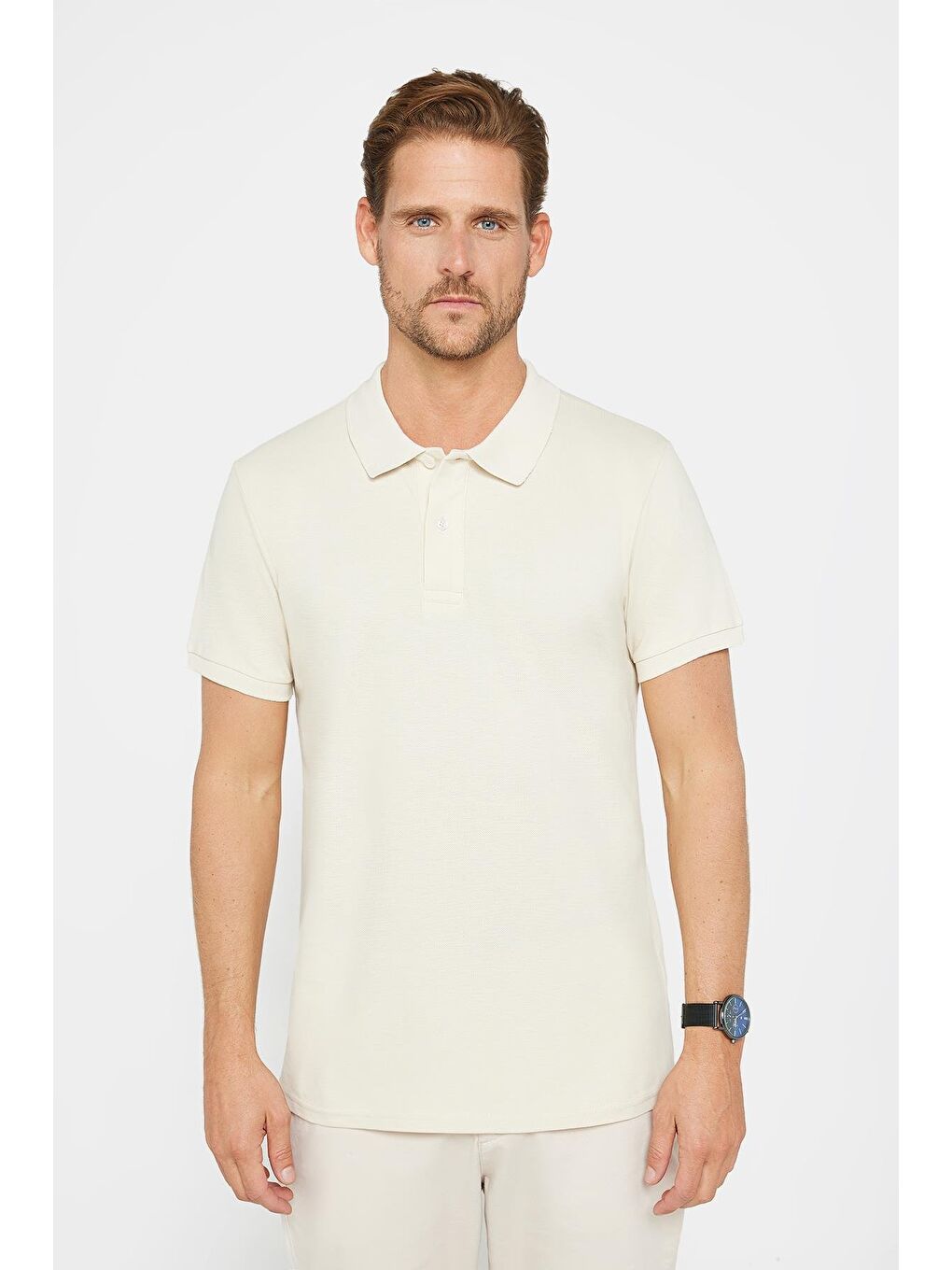 Erkek Slim Fit Dar Kesim %100 Pamuk Düz Pike Ekru Polo Yaka Tişört-1
