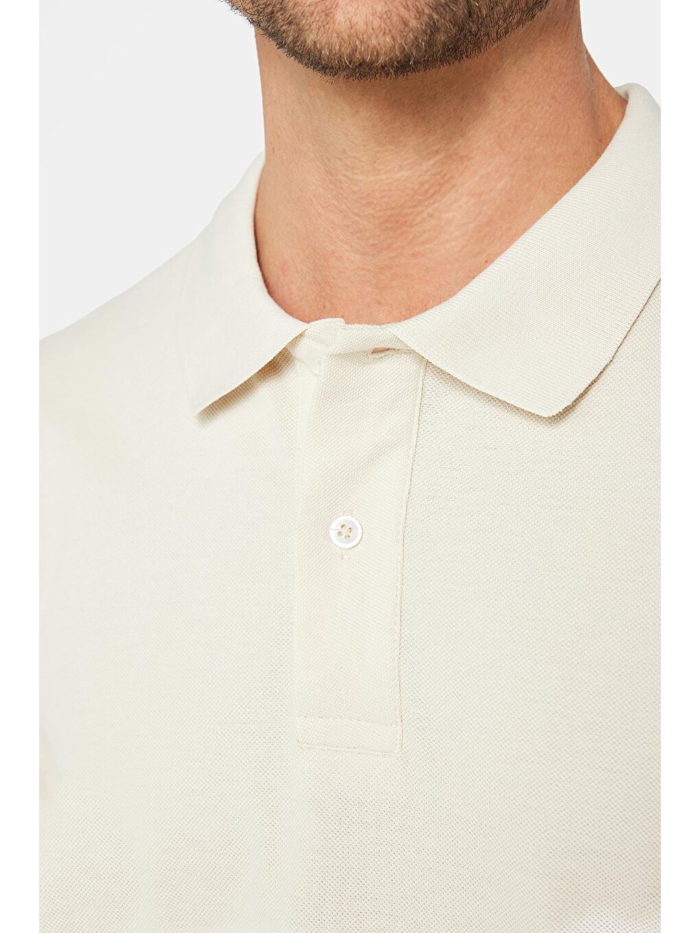 Erkek Slim Fit Dar Kesim %100 Pamuk Düz Pike Ekru Polo Yaka Tişört-3