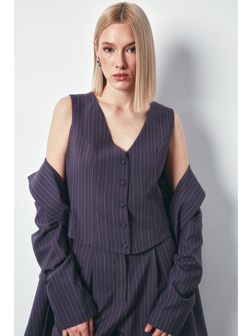 Düğmeli Yelek - Gri-3