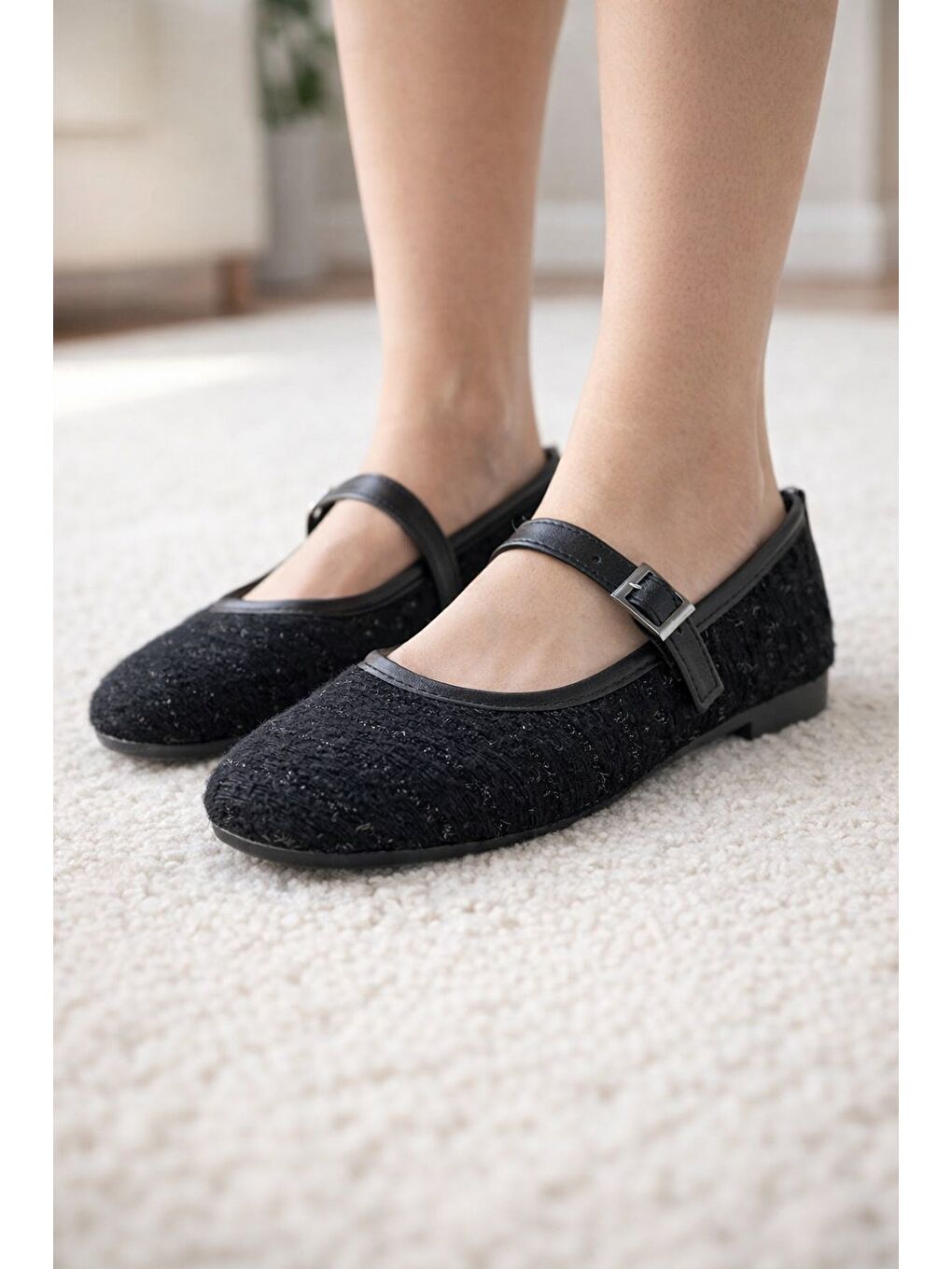 Siyah SH-200 Tiftikli Düz Babet Günlük Kadın Ayakkabı Mary Jane Ev Babeti