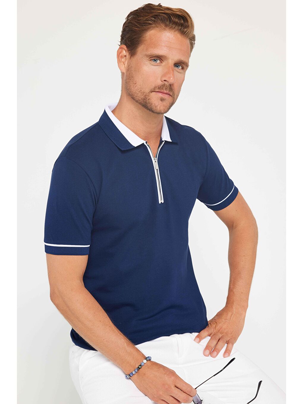 TUDORS Erkek Slim Fit Dar Kesim %100 Pamuk Düz Pike Fermuarlı Lacivert Polo Yaka Tişört - 2