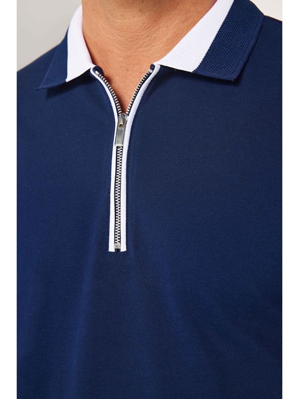 TUDORS Erkek Slim Fit Dar Kesim %100 Pamuk Düz Pike Fermuarlı Lacivert Polo Yaka Tişört - 3