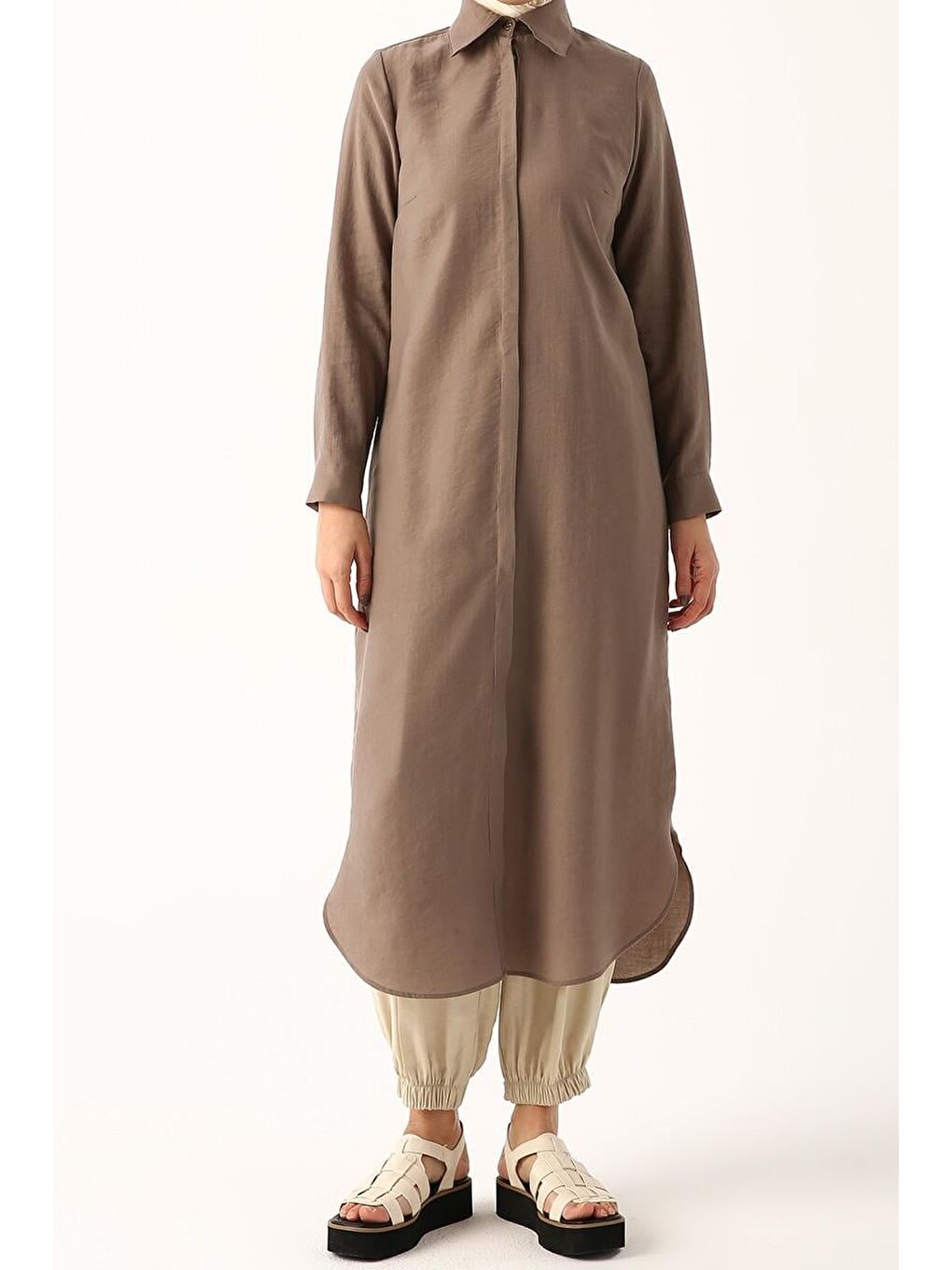 Bej Vizon Gizli Patlı Basic Uzun Gömlek Tunik-1