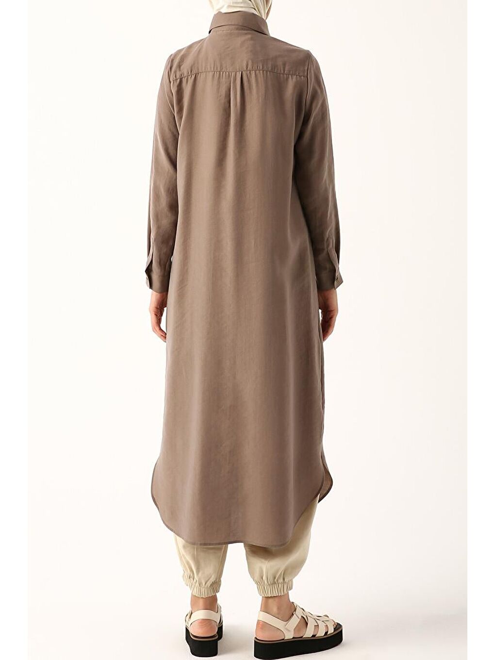Bej Vizon Gizli Patlı Basic Uzun Gömlek Tunik-3