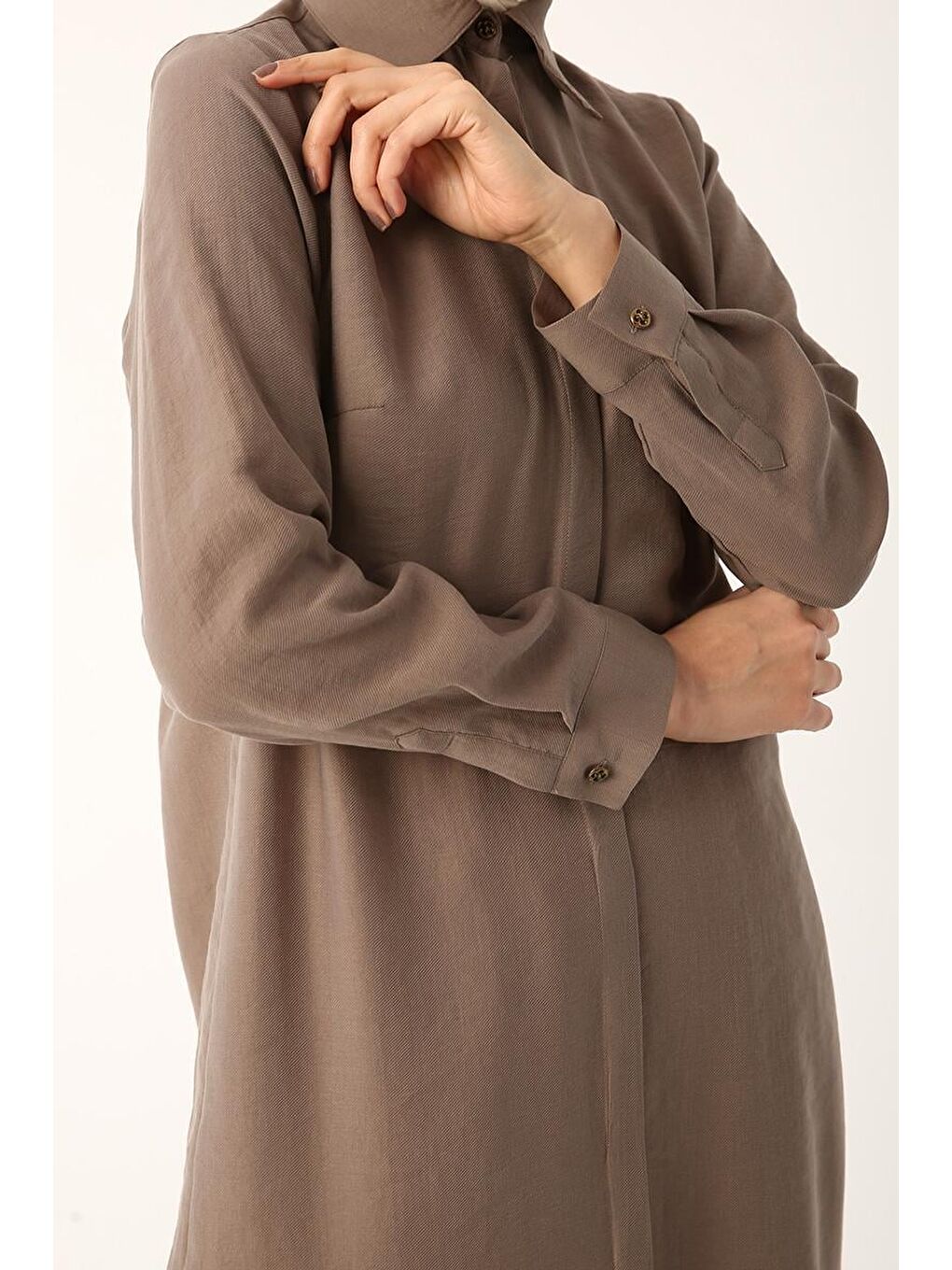 Bej Vizon Gizli Patlı Basic Uzun Gömlek Tunik-4