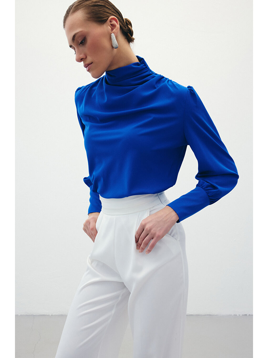 Drape Detaylı Bluz - Sax Mavi-6