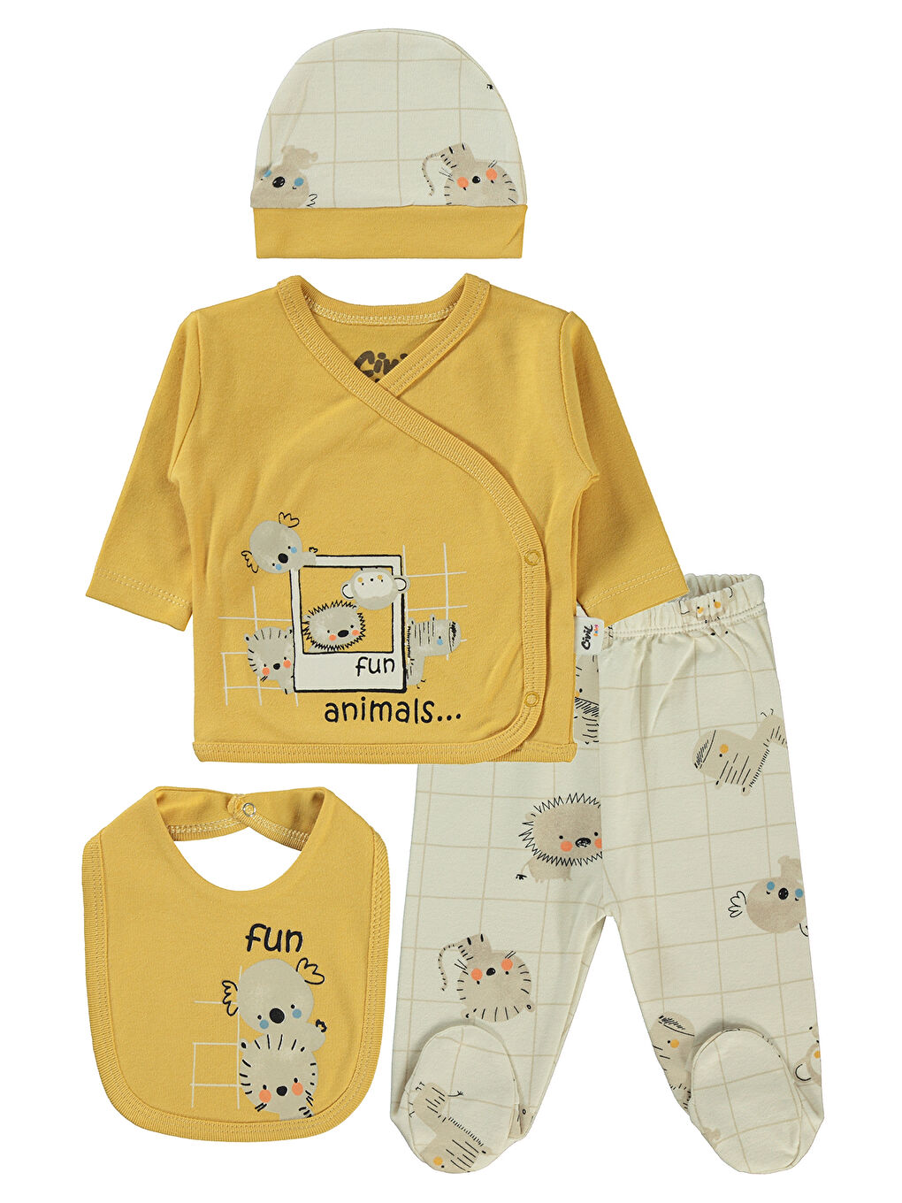 Kahverengi Baby Erkek Bebek 4'lü Zıbın Takımları Hardal