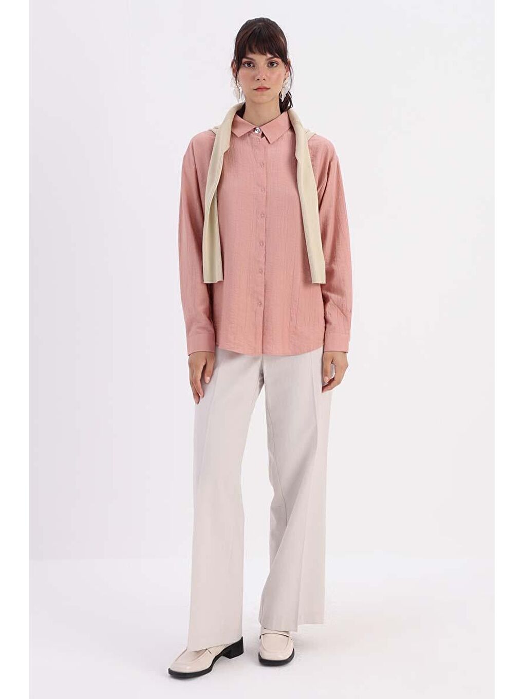 Pembe Gül Manşet Detaylı Düğmeli Gömlek-1